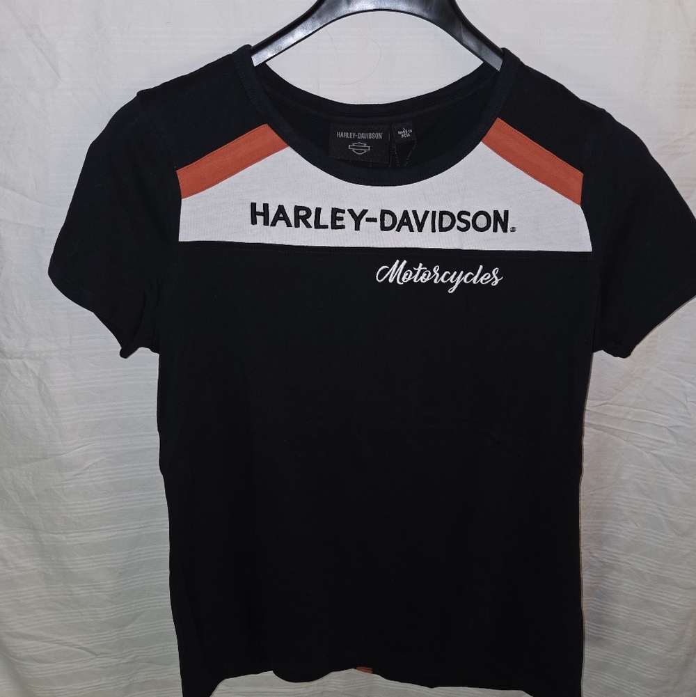 Harley-Davidson Black Tee with Orange and White Accents